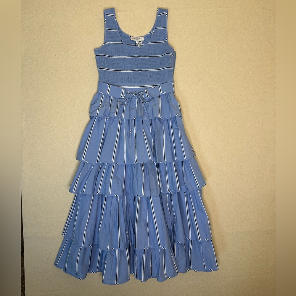 NWT HUNTER BELL Andrea Campden Blue Pinstriped Tiered Dress Womens Size 2